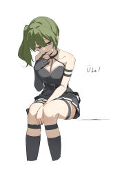  1girl arm_strap bare_shoulders belt black_belt black_dress black_gloves black_socks brat_(brabrabrat00) character_name collarbone commentary dress elbow_gloves finger_to_tongue gloves green_hair hair_between_eyes highres invisible_chair looking_at_viewer purple_eyes side_ponytail simple_background single_elbow_glove single_glove sitting socks solo sousou_no_frieren thigh_strap tongue tongue_out ubel_(sousou_no_frieren) white_background 