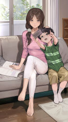  1boy 1girl absurdres barefoot black_eyes black_hair breasts brown_eyes brown_hair cellphone chinese_commentary commentary couch crossed_legs feet headpat highres holding holding_phone indoors legs long_hair looking_at_another mature_female medium_breasts mother_and_son no_shoes open_mouth original pants phone revision shirt side_ponytail sitting smartphone smile toenails toes window yewang19  rating:General score:134 user:danbooru