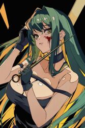  1girl adjusting_hair bare_arms bare_shoulders black_choker black_dress black_gloves blood blood_on_face breasts chinese_commentary choker cleavage collarbone colored_inner_hair commentary cosplay dagger dress fingerless_gloves gloves green_eyes green_hair hair_intakes hanying_(punishing:_gray_raven) head_tilt highres holding holding_weapon knife large_breasts long_hair looking_at_viewer mole mole_under_eye multicolored_hair punishing:_gray_raven sideways_glance solo stiletto_(weapon) upper_body wanlai_bu_shiman weapon yor_briar yor_briar_(cosplay) 