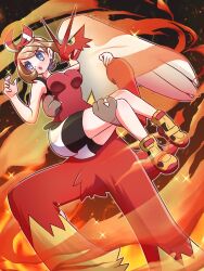 1girl bike_shorts black_shorts blaziken blue_eyes bow breasts brown_hair carrying commentary_request creatures_(company) fire full_body game_freak gen_3_pokemon hair_bow highres may_(pokemon) medium_breasts nintendo open_mouth pokemon pokemon_(creature) pokemon_oras princess_carry red_bow red_shirt shirt shoes shorts sleeveless sleeveless_shirt twitter_username tyobi_2002 yellow_footwear