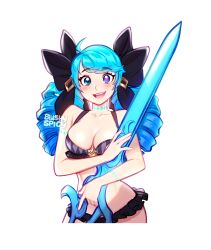1girl :d alternate_costume artist_name bare_shoulders bikini black_bow blue_hair blush blushyspicy bow breasts cleavage collarbone commentary cowboy_shot drill_hair green_eyes gwen_(league_of_legends) hair_bow holding holding_scissors large_breasts league_of_legends long_hair looking_at_viewer navel open_mouth oversized_object scissors smile solo swimsuit teeth transparent_background twin_drills twintails upper_teeth_only rating:Sensitive score:27 user:danbooru
