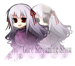  1girl bleeding blood censored chibi commentary_request copyright_name dress exposed_brain gore_screaming_show grey_hair guro hair_ribbon injury looking_at_viewer lowres mosaic_censoring multiple_views purple_dress red_eyes red_ribbon redvvvred ribbon smile yuka_(gore_screaming_show) 
