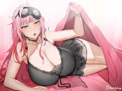  1girl alternate_breast_size armpits bare_shoulders blush breasts cleavage collarbone handplug hololive hololive_english huge_breasts long_hair looking_at_viewer lying messy_hair mori_calliope mori_calliope_(sleepwear) on_side open_mouth pink_hair red_eyes solo thighs virtual_youtuber  rating:Sensitive score:145 user:danbooru
