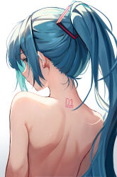  1girl absurdres alternate_hairstyle aqua_eyes aqua_hair arms_at_sides back back_focus bare_back bare_shoulders closed_mouth expressionless from_behind hair_ornament hannahkwok4 hatsune_miku highres long_hair nude number_tattoo ponytail simple_background solo tattoo upper_body vocaloid white_background  rating:Sensitive score:34 user:danbooru