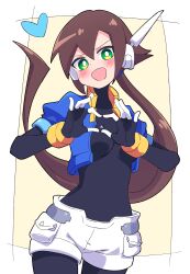  1girl absurdres aile_(mega_man_zx) black_bodysuit blue_jacket blush bodysuit breasts brown_hair buzzlyears cropped_jacket green_eyes heart heart_hands highres jacket long_hair medium_breasts mega_man_(series) mega_man_zx mega_man_zx_advent open_clothes open_jacket ponytail robot_ears shorts simple_background solo white_shorts  rating:Sensitive score:3 user:danbooru