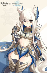  1girl absurdres alternate_costume animal_ears arknights armor armored_skirt blunt_bangs chinese_commentary closed_mouth commentary_request copyright_name cowboy_shot expressionless eyes_visible_through_hair gauntlets gold grey_eyes hand_in_own_hair hand_up highres horse_ears horse_girl horse_tail jiuyu_qame light_blush long_hair looking_at_viewer midriff monster_hunter monster_hunter:_world monster_hunter_(series) navel platinum_(arknights) revealing_clothes sidelocks sitting solo tail vambraces very_long_hair white_hair white_tail 