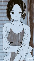  1girl bob_cut breasts collarbone commentary expressionless greyscale looking_at_viewer medium_breasts monochrome one-piece_swimsuit open_clothes open_shirt original rain short_hair signature solo standing swimsuit swimsuit_under_clothes toshi_chihiro2 