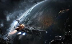 asteroid attack_ship_(eve_online) battle_damage battleship_(eve_online) birgirpall burning caldari_navy_(eve_online) caldari_prime_(eve_online) caldari_state_(eve_online) camouflage cloud company_name crater damaged dated debris destroyed digital_camouflage eve_online fire flying gallente_federation_(eve_online) grey_theme highres in_orbit megathron_(eve_online) military_vehicle navy_faction_(eve_online) nebula no_humans ocean official_art outdoors photoshop_(medium) planet raven_(eve_online) realistic rock scenery science_fiction sky smoke space spacecraft star_(sky) starry_sky thrusters water wreckage