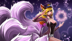  1girl ahri_(league_of_legends) animal_ears breasts cleavage fox_ears gradient_background highres league_of_legends  rating:Questionable score:15 user:zxmad