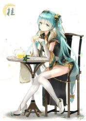 1girl aqua_eyes aqua_hair asahi_kuroi bracelet chair china_dress chinese_clothes cup detached_sleeves dress full_body hatsune_miku high_heels highres jewelry long_hair see-through sitting solo table teacup teapot thighhighs twintails very_long_hair vocaloid white_thighhighs rating:General score:4 user:danbooru