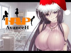  1girl breasts chair cleavage curtains desk hat indoors jewelry large_breasts logo long_hair looking_at_viewer necklace purple_eyes purple_hair santa_hat silhouette smile solo trash_can window  rating:Questionable score:19 user:TendouS