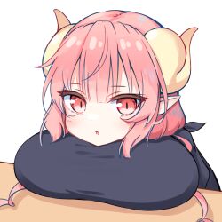 1girl :o beliatan black_shirt breast_pillow breast_rest breasts breasts_on_table convenient_breasts curled_horns dragon_girl highres horns huge_breasts ilulu_(maidragon) kobayashi-san_chi_no_maidragon large_breasts leaning_forward long_hair looking_at_viewer pink_eyes pink_hair pointy_ears self_pillow shirt shortstack slit_pupils solo white_background