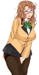 1girl blue_eyes blush breasts brown_hair embarrassed flying_sweatdrops glasses highres huge_breasts long_hair looking_at_viewer maru_(maruttona) minoru_oba original pantyhose pixiv_sample resized school_uniform simple_background skirt solo thighband_pantyhose white_background