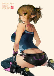  1girl ass bare_shoulders breasts brown_hair butt_crack curvy female_focus green_eyes harusame-r huge_breasts looking_at_viewer looking_back patty_(pso2) phantasy_star phantasy_star_online_2 pointy_ears short_shorts shorts sitting smile solo  rating:Sensitive score:89 user:danbooru