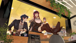  1boy 1girl alternate_costume blade_(honkai:_star_rail) blue_hair boots brown_footwear commentary crossed_legs cup drink drinking_straw english_commentary english_text eyewear_on_head fur_trim glass glasses grin guest_art high_heel_boots high_heels highres holding holding_cup holding_drink honkai:_star_rail honkai_(series) jewelry kafka_(honkai:_star_rail) lipstick_mark looking_at_another off_shoulder profile purple_hair ring round_eyewear sideways_glance smile sunglasses velinxi wanted watch wristwatch 