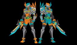  2boys aqua_eyes aqua_gloves aqua_hair armor black_bodysuit bodysuit breastplate catball1994 commentary commentary_request double_action_gamer_level_x driver_(kamen_rider) dual_persona gamer_driver gloves helmet highres holding holding_sword holding_weapon inverted_colors kamen_rider kamen_rider_ex-aid kamen_rider_ex-aid_(series) male_focus mighty_brothers_xx multiple_boys orange_armor orange_eyes orange_gloves orange_hair rider_belt rider_gashat running siblings sword tokusatsu twins weapon 