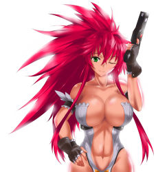 1girl abs breasts center_opening cleavage covered_erect_nipples fingerless_gloves gloves green_eyes gun hand_on_own_hip highres himeki_luna huge_breasts long_hair looking_at_viewer midriff muscular navel nishiumi_yuuta one_eye_closed ponytail red_hair revealing_clothes simple_background solo spiked_hair stomach vanguard_princess weapon white_background rating:Sensitive score:55 user:danbooru