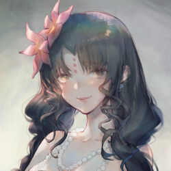  1girl black_hair chinese_commentary earrings fate/grand_order fate_(series) flower garbage-1 grey_background grin hair_flower hair_ornament highres jewelry long_hair looking_at_viewer necklace parted_bangs pearl_earrings pearl_necklace pink_flower portrait sessyoin_kiara sessyoin_kiara_(swimsuit_mooncancer) sessyoin_kiara_(swimsuit_mooncancer)_(first_ascension) sidelocks smile solo twintails wavy_hair yellow_eyes 
