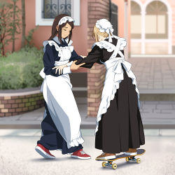 apron balancing blonde_hair brown_footwear brown_hair collared_dress dress hand_on_another&#039;s_arm holding_on maid maid_apron maid_headdress original outdoors plant red_footwear shoes skateboard sneakers standing suzushiro_(suzushiro333) rating:General score:4 user:danbooru