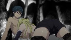 1boy 1girl animated anime_screenshot bare_shoulders blonde_hair blush breast_press breasts elbow_gloves girl_on_top gloves highres indoors kasuga_arata large_breasts licking lieselotte_sherlock long_hair looping_animation lying purple_eyes sexually_suggestive shiny_skin short_shorts shorts talking thighhighs topless trinity_seven twintails video  rating:Questionable score:119 user:happymaker