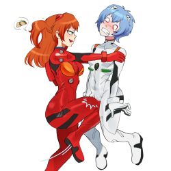  2girls artist_request ayanami_rei blank_eyes blue_eyes blue_hair blush bodysuit breasts brown_hair cameltoe clenched_teeth curvy grin highres kicking long_hair looking_at_another looking_at_viewer multiple_girls neon_genesis_evangelion nutcracker pain red_bodysuit restrained shiny_clothes short_hair simple_background smile souryuu_asuka_langley standing teeth twintails twitter_username two_side_up violence white_background white_bodysuit wide_hips 
