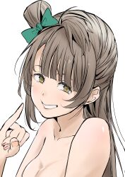  1girl absurdres blunt_bangs breasts brown_hair cleavage collarbone commentary completely_nude green_ribbon hair_ribbon highres long_hair looking_at_viewer love_live! love_live!_school_idol_project medium_breasts minami_kotori nude one_side_up pinky_out portrait ribbon sidelocks smile solo tommer upper_body white_background yellow_eyes 
