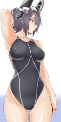 1girl arm_behind_head armpits breasts competition_swimsuit eyepatch headgear kantai_collection looking_afar one-piece_swimsuit purple_hair short_hair showing_armpits simple_background solo swimsuit tenryuu_(kancolle) thigh_gap wamwam white_background wide_hips yellow_eyes