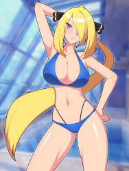  1girl arm_up bikini blonde_hair blue_bikini blurry blurry_background breasts cleavage closed_mouth cowboy_shot creatures_(company) cynthia_(pokemon) floating_hair game_freak grey_eyes hair_ornament hair_over_one_eye hand_on_own_hip high_ponytail large_breasts long_hair madoka_(user_zrnk8278) navel nintendo pokemon pokemon_dppt pool rei_no_pool solo standing stomach swimsuit thighs very_long_hair 
