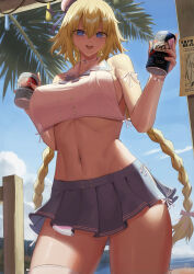  1girl absurdres alternate_costume bare_shoulders blonde_hair blue_eyes blue_skirt blush bow braid breasts can choker commentary condom cowboy_shot day english_commentary fate/grand_order fate_(series) hair_bow hair_ornament highres holding holding_can jeanne_d&#039;arc_(fate) kakeku large_breasts long_hair looking_at_viewer navel outdoors pink_bow pleated_skirt sideboob skirt smile solo stomach thighs twin_braids white_choker 