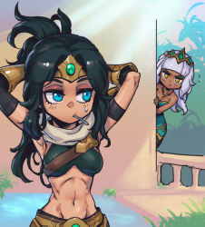  2girls arms_behind_head black_hair blunt_bangs blush breasts cleavage closed_mouth dark-skinned_female dark_skin grass green_eyes grey_hair hair_ornament jewelry large_breasts league_of_legends long_hair mouth_hold multiple_girls navel necklace outdoors parted_bangs phantom_ix_row pout qiyana_(league_of_legends) sideways_glance sivir stomach upper_body water  rating:Sensitive score:16 user:danbooru