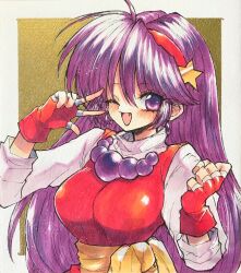  1girl asamiya_athena bow breasts chinese_clothes fan fingerless_gloves gloves hair_bow hairband highres large_breasts looking_at_viewer necktie one_eye_closed open_mouth purple_eyes purple_hair smile snk solo the_king_of_fighters traditional_media v wink 