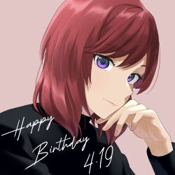  1girl absurdres black_shirt closed_mouth commentary_request dated hand_on_own_chin happy_birthday highres long_sleeves looking_at_viewer love_live! love_live!_school_idol_project nishikino_maki pink_background portrait purple_eyes red_hair s_sho_mkrn shirt short_hair solo swept_bangs upper_body 