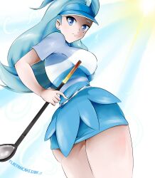 1girl absurdres ass ass_focus blue_eyes blue_hair breasts elite_four flatpancakesjim from_below golf_club highres kahili_(pokemon) long_hair looking_at_viewer looking_down medium_breasts multicolored_clothes pokemon pokemon_sm simple_background skirt thighs visor_cap