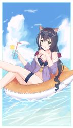 1girl absurdres animal_ear_fluff animal_ears atychi bad_id bad_pixiv_id bare_shoulders bikini bikini_top_only bikini_under_clothes black_bikini black_hair blue_hawaii blue_sky blush border bow cat_ears closed_mouth cloud collarbone commentary cup curly_hair day drinking_glass drinking_straw eyewear_on_head food front-tie_bikini_top front-tie_top fruit green_eyes hair_bow hands_up highres holding holding_cup ice ice_cube innertube karyl_(princess_connect!) legs_up lemon lemon_slice long_hair looking_at_viewer low_twintails multicolored_hair navel off_shoulder outdoors princess_connect! purple_bow purple_shirt shirt sitting sky smile solo streaked_hair sunglasses swim_ring swimsuit thigh_strap tropical_drink twintails two-tone_hair water wet white_border white_hair rating:Sensitive score:6 user:danbooru