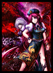  2girls alternate_eye_color blue_eyes braid breasts china_dress chinese_clothes dragon dress eastern_dragon female_focus fire flower glowing glowing_eyes green_eyes hair_over_one_eye hair_ribbon hand_on_own_hip hat highres hip_focus hong_meiling izayoi_sakuya knife large_breasts legs long_hair maid_headdress merlyn multiple_girls pocket_watch red_eyes red_hair ribbon side_slit silver_hair skeleton star_(symbol) embodiment_of_scarlet_devil thighs throwing_knife touhou twin_braids watch weapon wrist_cuffs 