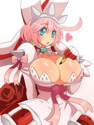  1girl :o ahoge blue_eyes breasts bullet bursting_breasts cleavage elphelt_valentine eric_lowery female_focus flower gloves guilty_gear guilty_gear_xrd heart highres huge_breasts long_hair looking_at_viewer open_mouth pink_hair ribbon rose simple_background solo spikes white_background  rating:Sensitive score:118 user:Akhaz