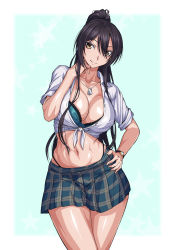 1girl black_hair breasts cleavage crop_top dog_tags hand_on_own_hip highres idolmaster idolmaster_shiny_colors jewelry large_breasts midriff navel necklace open_clothes ozaneko pleated_skirt ponytail school_uniform shiny_skin shirase_sakuya skirt smile solo thighs yellow_eyes rating:Questionable score:27 user:Demiourgos