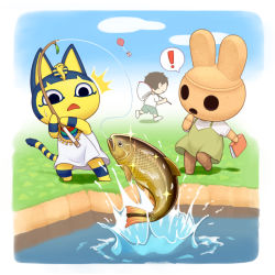 ! 1boy 2girls animal_crossing animal_ears ankha_(animal_crossing) balloon black_eyes black_hair blue_sky blunt_bangs bob_cut book border breasts brown_dress cat_ears cat_girl cat_tail cloud coco_(animal_crossing) colored_skin dress egyptian egyptian_clothes fish furry furry_female gift goldfish grass hair_ornament haru_(haruhare3) holding holding_book multiple_girls nintendo open_mouth short_hair short_sleeves sky snake_hair_ornament spoken_exclamation_mark standing striped_tail tail villager_(animal_crossing) water white_border white_dress yellow_skin rating:Sensitive score:16 user:danbooru