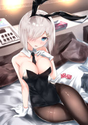 1girl animal_ears arm_support bare_shoulders between_breasts black_leotard blue_eyes blush book breasts rabbit_ears cleavage collarbone condom_wrapper covered_navel detached_collar fake_animal_ears gloves hair_ornament hair_over_one_eye hairclip hamakaze_(kancolle) hand_on_own_chest highres indoors kanju kantai_collection large_breasts leotard looking_at_viewer necktie necktie_between_breasts on_bed open_mouth pantyhose pillow playboy_bunny playboy_bunny revision short_hair silver_hair solo thighband_pantyhose white_gloves wrist_cuffs rating:Sensitive score:41 user:danbooru