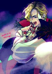  1boy ascot black_cape blonde_hair blood cape commentary_request curly_eyebrows dated facial_hair fangs frilled_sleeves frills goatee hair_over_one_eye highres long_sleeves looking_at_viewer male_focus one_piece sanji_(one_piece) shirt short_hair signature smoke solo trg_rak upper_body vampire waistcoat white_ascot white_shirt 