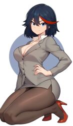  1girl absurdres black_hair blue_eyes breasts commentary commission english_commentary formal highres kill_la_kill large_breasts matoi_ryuuko moursho multicolored_hair office_lady pantyhose pencil_skirt red_hair short_hair skirt skirt_suit smile solo streaked_hair suit 