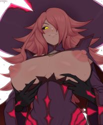  1girl afrobull blazblue blazblue:_calamity_trigger blush breast_hold breasts colored_skin female_focus flashing highres konoe_a._mercury large_hat long_hair looking_at_viewer looking_down nipples pink_hair pink_skin smile solo yellow_eyes  rating:Questionable score:78 user:doej79811
