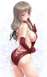 10s 1girl ass backless_dress backless_outfit bare_shoulders blush breasts brown_eyes brown_hair butt_crack casual_one-piece_swimsuit cle_masahiro cowboy_shot dress elbow_gloves fan_over_face floral_background folding_fan girls_und_panzer gloves hair_ribbon hand_fan highres large_breasts long_hair looking_back low-tied_long_hair mature_female one-piece_swimsuit paper_fan ribbon shimada_chiyo sideboob sidelocks solo swimsuit rating:Questionable score:88 user:danbooru