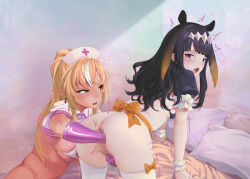  2girls alternate_costume anal anal_fisting ass bent_over blonde_hair blue_eyes bow censored dark-skinned_female dark_skin diamond_hairband elf fisting gloves gradient_hair hat hololive hololive_english long_hair mosaic_censoring multicolored_hair multiple_girls ninomae_ina&#039;nis ninomae_ina&#039;nis_(6th_costume) nurse_cap open_mouth orange_hair pillow pointy_ears purple_hair red_eyes shiranui_flare sidelocks streaked_hair tentacle_hair thanabis thighhighs trembling virtual_youtuber white_thighhighs 