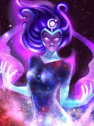  1girl bodysuit crymsonette lipstick long_hair looking_at_viewer makeup pink_eyes purple_hair rick_and_morty solo space star_(symbol) supernova_(rick_and_morty)  rating:Sensitive score:18 user:League_Of_Bitches