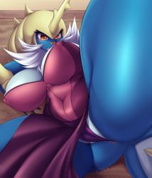  1girl anus anus_peek areola_slip ass belly blush breasts breasts_apart bursting_breasts cameltoe cleft_of_venus covered_erect_nipples creatures_(company) crotch curvy dress embarrassed female_focus furry game_freak gen_5_pokemon gluteal_fold highres holding_legs huge_ass huge_breasts imminent_penetration light_blush lying mature_female mleonheart nintendo nipple_slip nipples open_mouth orange_eyes plump pokemon pokemon_(creature) pussy revealing_clothes samurott solo spread_legs surprised tail thick_thighs thighs tight_clothes tight_dress undersized_clothes wardrobe_malfunction white_hair wide-eyed wide_hips  rating:Explicit score:26 user:OrangePunk