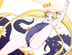  1girl :d abigail_williams_(fate) abigail_williams_(welcome_to_the_travelling_circus!)_(fate) bandaid bandaid_on_face bandaid_on_forehead barefoot blonde_hair blue_eyes blush bow cameltoe commentary_request fate/grand_order fate_(series) flat_chest flexible foot_out_of_frame gradient_background groin hair_bow highleg highleg_leotard kneepits leg_lift leg_up leotard long_hair multiple_bows official_alternate_costume open_mouth orange_bow parted_bangs senbei_(avocadochaya) smile solo split standing standing_on_one_leg standing_split sweat tentacles twintails two-tone_background very_long_hair  rating:Questionable score:93 user:danbooru