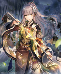  3girls arm_guards armor bamboo bamboo_forest black_hair blue_eyes brown_eyes brown_hair brown_kimono falling_leaves flower forest hair_flower hair_ornament holding holding_sword holding_weapon japanese_armor japanese_clothes katana kimono kusazuri leaf leaf_hair_ornament long_hair looking_at_viewer multiple_girls nature night official_art open_mouth ponytail sengoku_saga shiba_0 short_kimono shoulder_armor side_slit sword thigh_strap weapon wide_sleeves 