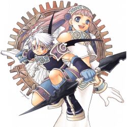  1990s_(style) 1999 1boy 1girl :d ahoge black_footwear black_shirt blue_eyes blue_gloves blue_hairband blue_shorts boots brother_and_sister closed_mouth dated elena_(kouklotheatro) gloves hairband holding holding_weapon key knee_boots kouklotheatro long_hair looking_at_viewer luke_(kouklotheatro) midriff non-web_source open_mouth ouse_kohime parted_bangs pink_hair red_eyes retro_artstyle shirt shorts siblings signature sleeveless sleeveless_shirt smile squatting tassel weapon white_gloves white_hair white_shirt white_wings wings 
