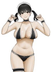  1girl bare_shoulders belly bikini black_bikini black_choker black_hair breasts brown_eyes choker cleavage closed_mouth collarbone commentary_request frilled_bikini frilled_choker frilled_wristband frills hands_up highres large_breasts looking_at_viewer maid maid_bikini maid_headdress navel original simple_background smile solo stomach swimsuit tantanmen72 thigh_strap thighs twintails unconventional_maid white_background white_headdress wristband  rating:Sensitive score:18 user:danbooru
